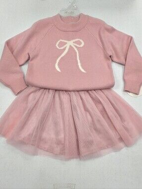 chic Pink Bow Knit Sweater with Pink Tulle Skirt Set
